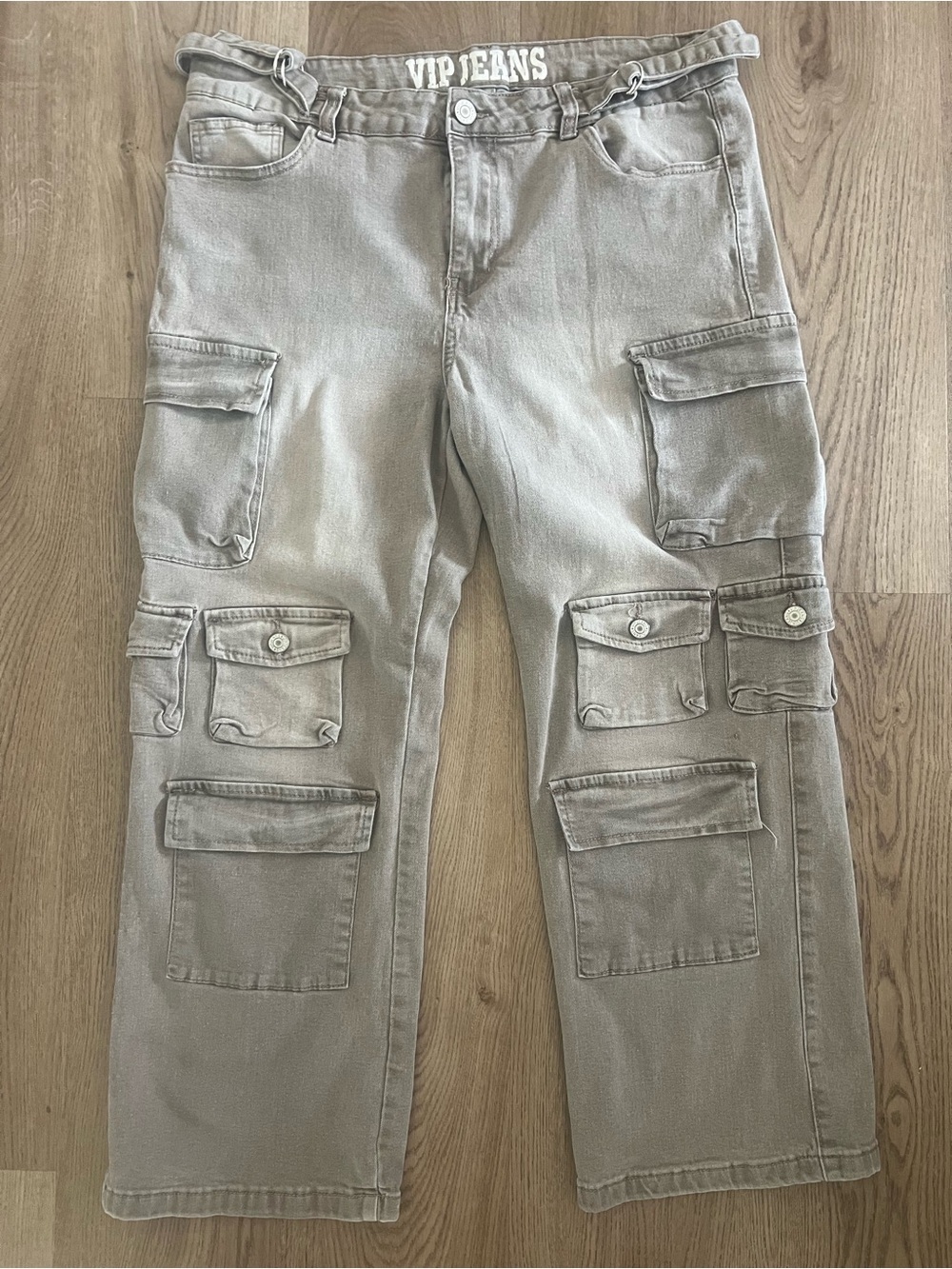 VIP Jeans Cargo Utility Pants Grey Brown Size 15 Reg 27 Inseam Stretch Pockets